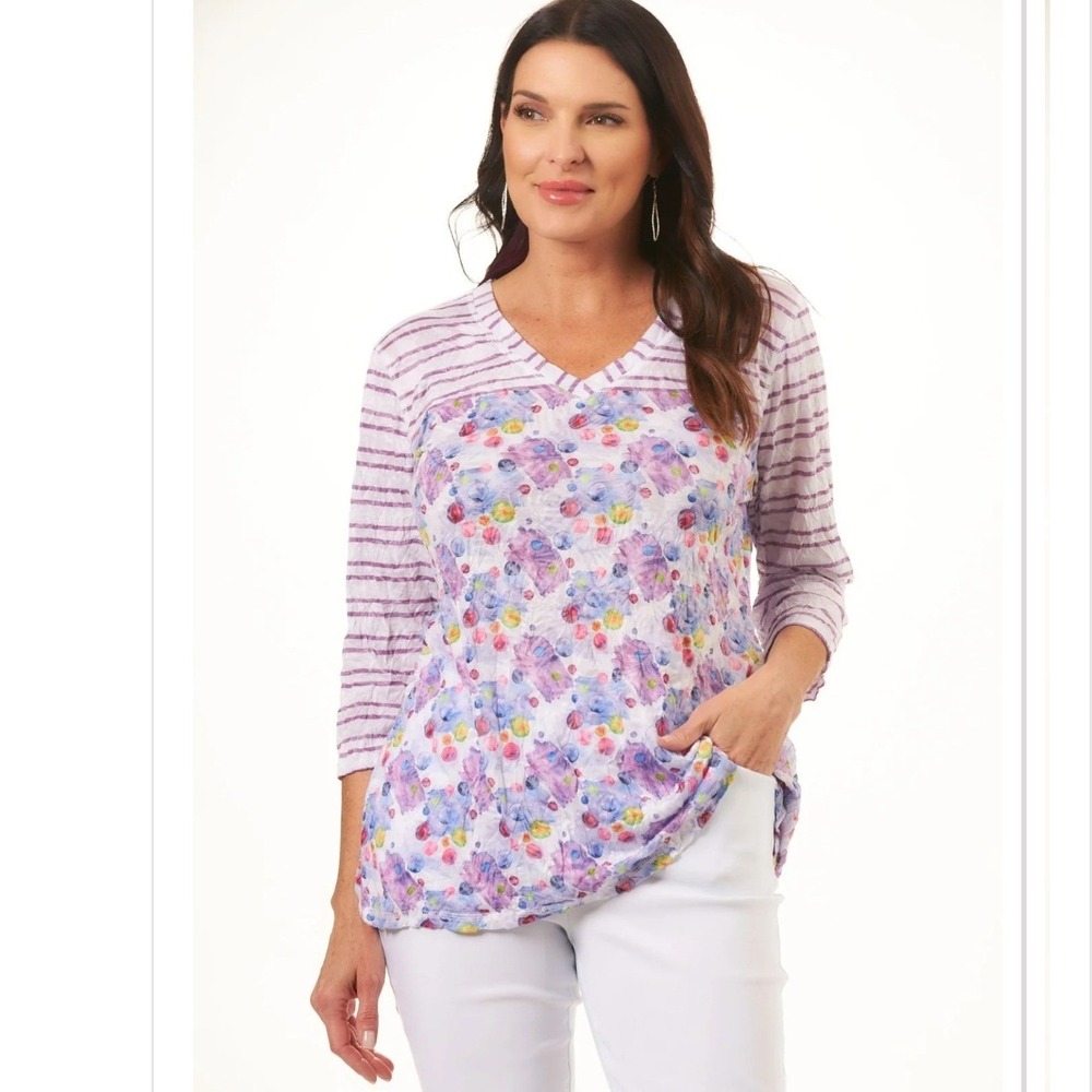 Shana Floral Stripe 3/4‎ Sleeve V-Neck Tunic Top XL Purple Blue3/